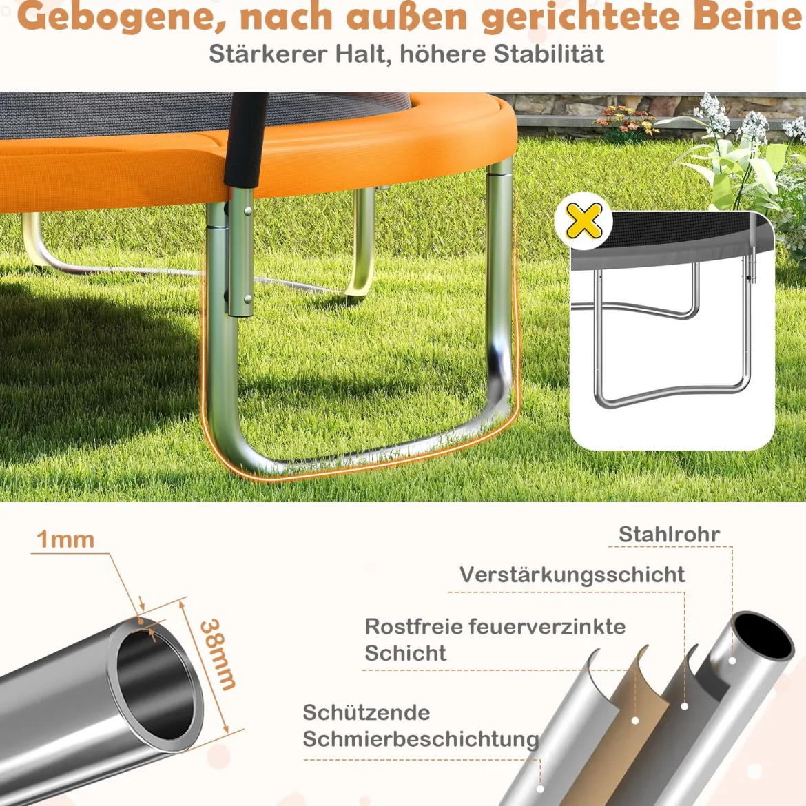 Trampolin outdoor mit Leiter Gartentrampolin rund mit Sicherheitsnetz Randabdeckung & Metallrahmen Ø305cm Orange