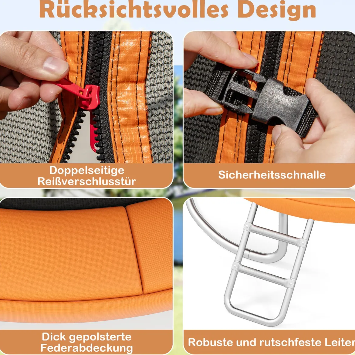 Trampolin outdoor mit Leiter Gartentrampolin rund mit Sicherheitsnetz Randabdeckung & Metallrahmen Ø305cm Orange