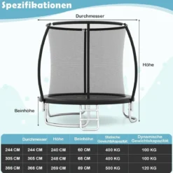 Trampolin outdoor mit Leiter Gartentrampolin rund mit Sicherheitsnetz Randabdeckung & Metallrahmen Ø366cm Schwarz