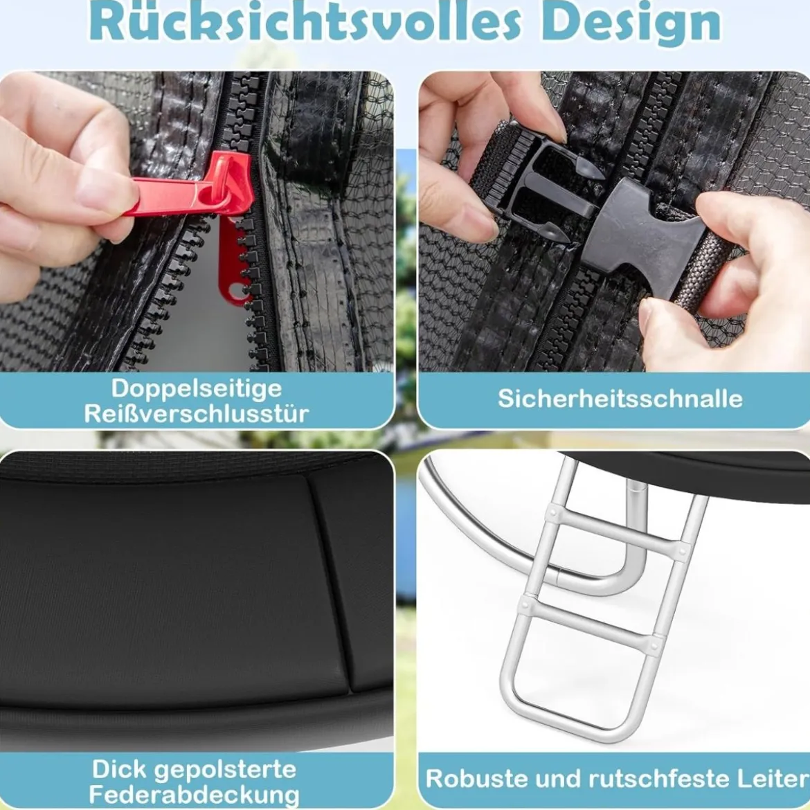 Trampolin outdoor mit Leiter Gartentrampolin rund mit Sicherheitsnetz Randabdeckung & Metallrahmen Ø366cm Schwarz