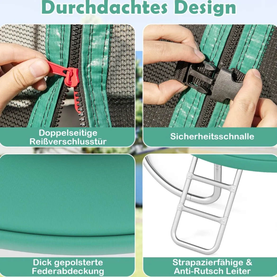 Trampolin outdoor mit Leiter Gartentrampolin rund mit Sicherheitsnetz Randabdeckung & Metallrahmen Ø305cm Grün