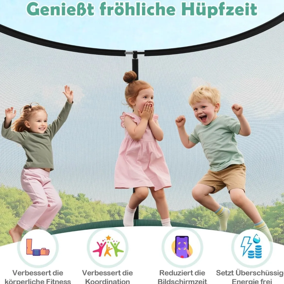Trampolin outdoor mit Leiter Gartentrampolin rund mit Sicherheitsnetz Randabdeckung & Metallrahmen Ø305cm Grün