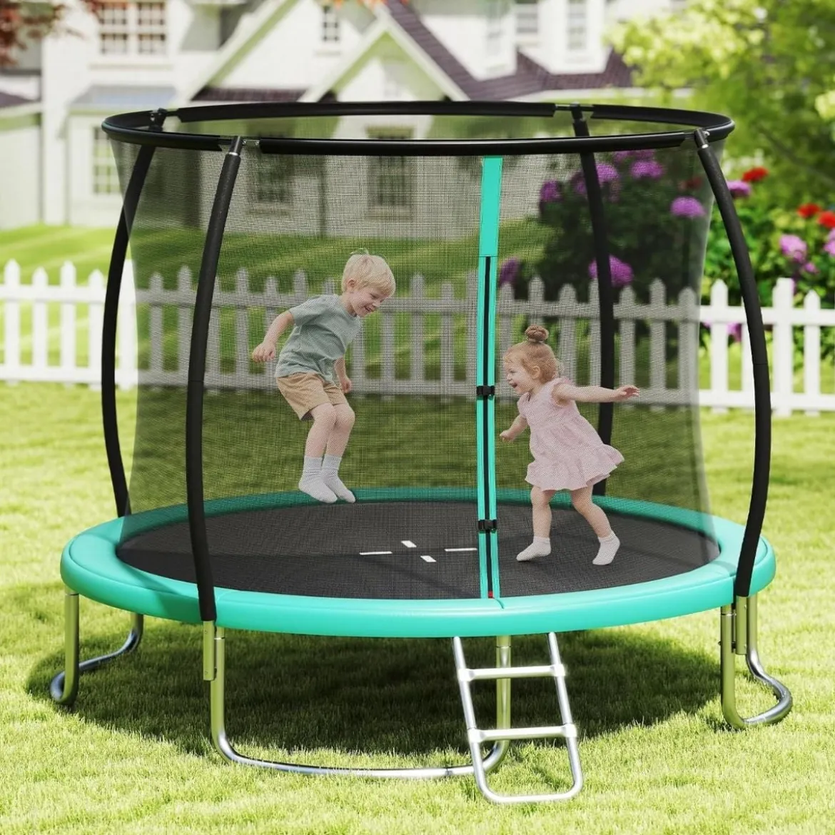 Trampolin outdoor mit Leiter Gartentrampolin rund mit Sicherheitsnetz Randabdeckung & Metallrahmen Ø305cm Grün