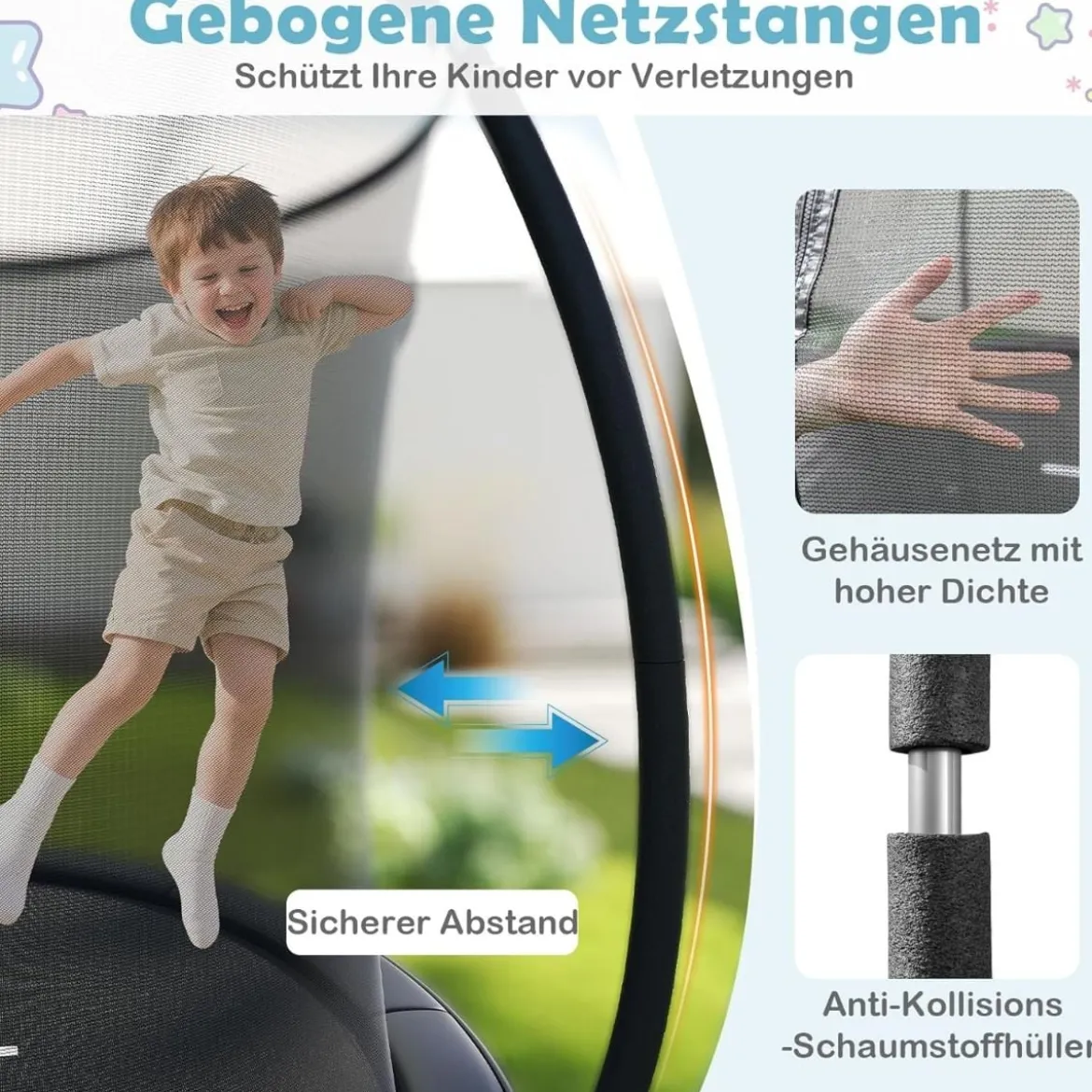 Trampolin outdoor mit Leiter Gartentrampolin rund mit Sicherheitsnetz Randabdeckung & Metallrahmen Ø305cm Schwarz
