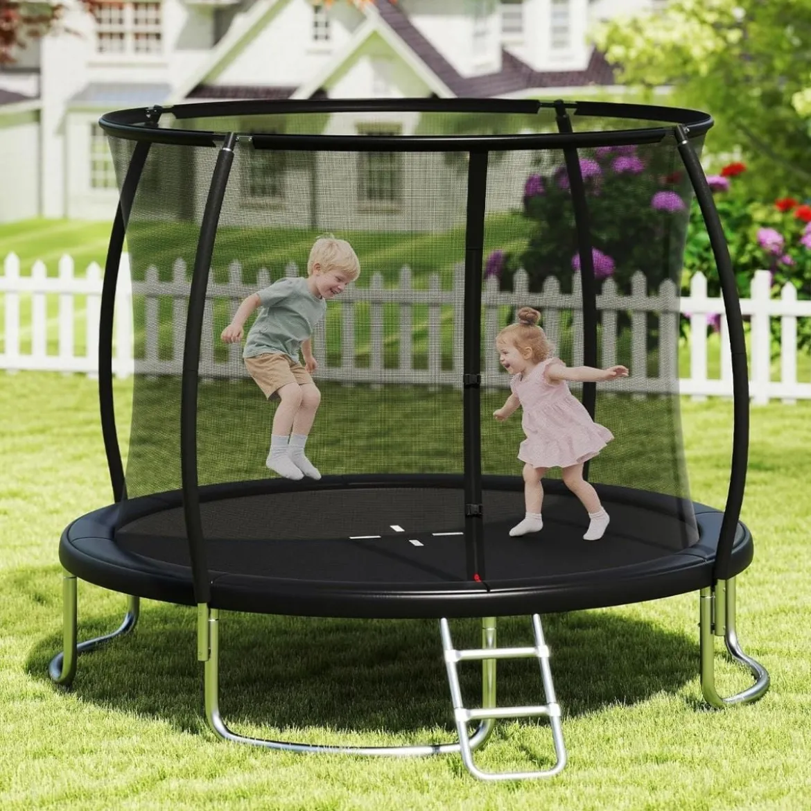 Trampolin outdoor mit Leiter Gartentrampolin rund mit Sicherheitsnetz Randabdeckung & Metallrahmen Ø305cm Schwarz