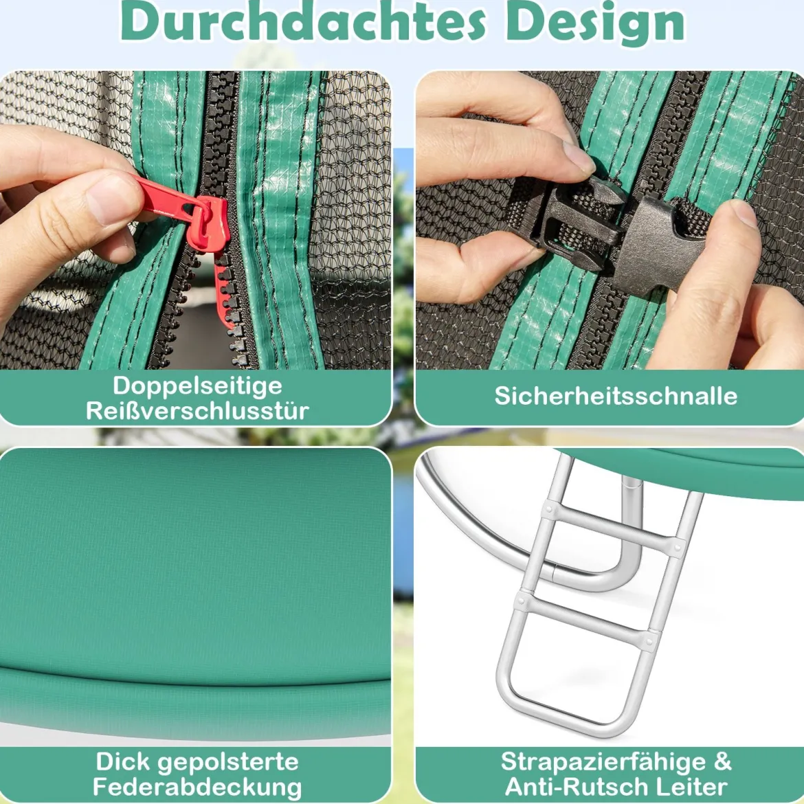 Trampolin outdoor mit Leiter Gartentrampolin rund mit Sicherheitsnetz Randabdeckung & Metallrahmen Ø366cm Grün