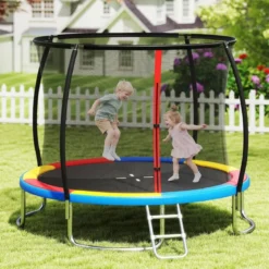 Trampolin outdoor mit Leiter Gartentrampolin rund mit Sicherheitsnetz Randabdeckung & Metallrahmen Ø305cm Bunt