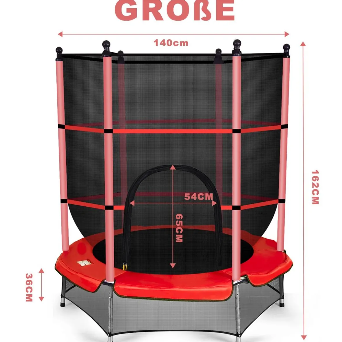Trampolin rundes Minitrampolin mit Sicherheitsnetz & Polsterung strapazierfähig sicher für Kinder rot Ø140cm