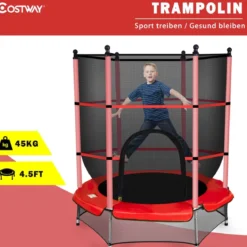 Trampolin rundes Minitrampolin mit Sicherheitsnetz & Polsterung strapazierfähig sicher für Kinder rot Ø140cm