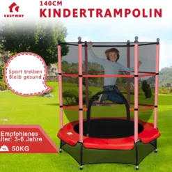 Trampolin rundes Minitrampolin mit Sicherheitsnetz & Polsterung strapazierfähig sicher für Kinder rot Ø140cm