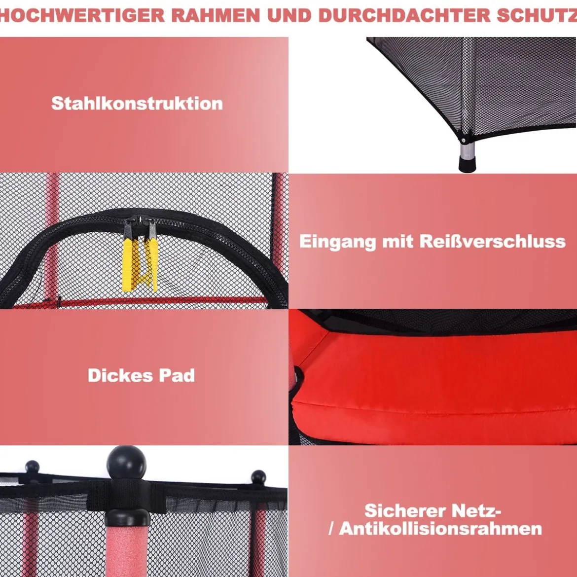 Trampolin rundes Minitrampolin mit Sicherheitsnetz & Polsterung strapazierfähig sicher für Kinder rot Ø140cm
