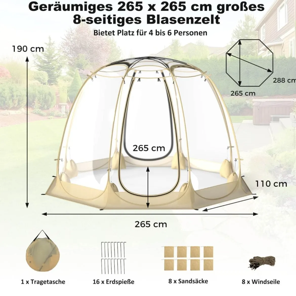 630° Transparenter PVC Zelt Pop Up Bubble Zelt Blasenzelt für 5-6 Personen 265 x 265 cm