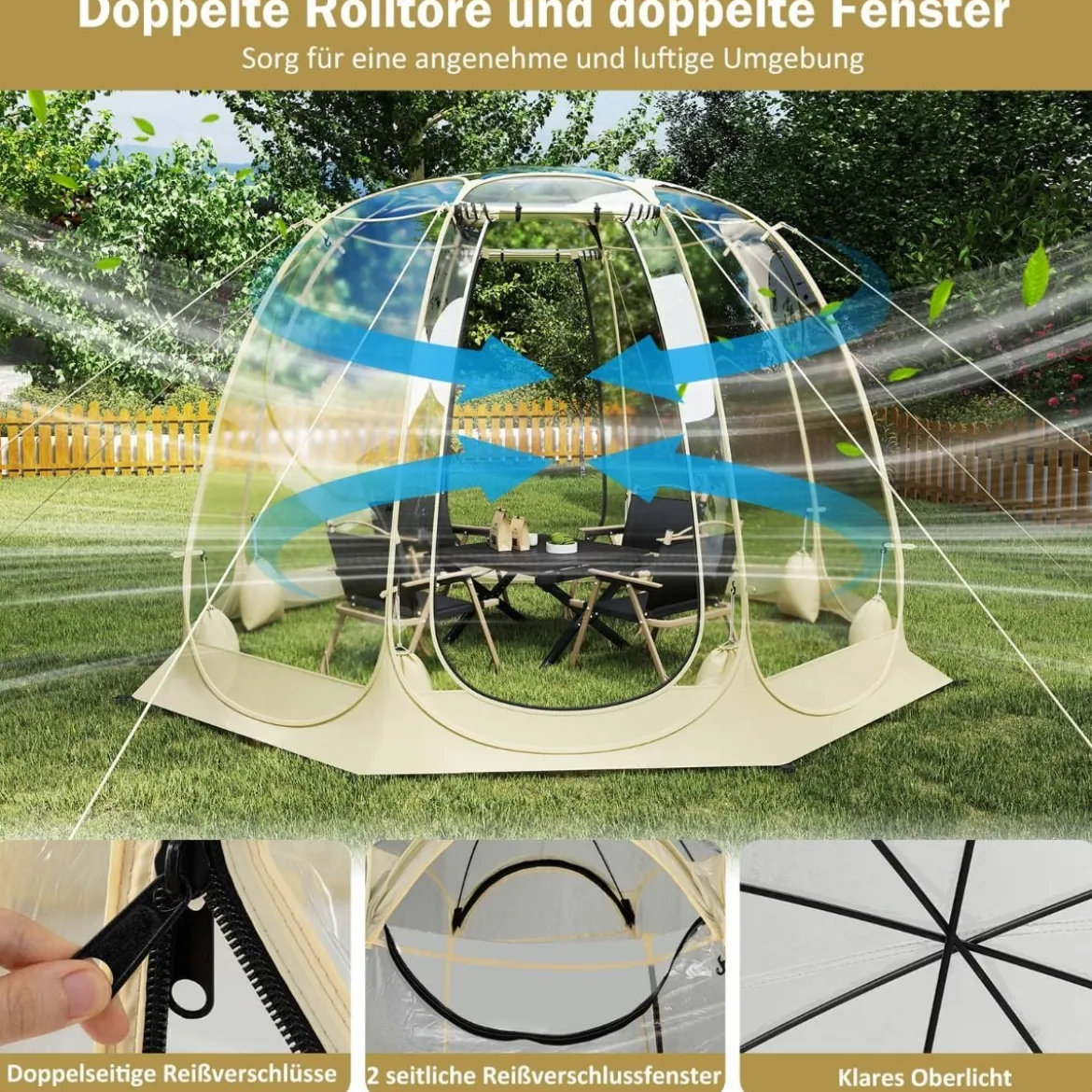 630° Transparenter PVC Zelt Pop Up Bubble Zelt Blasenzelt für 5-6 Personen 265 x 265 cm