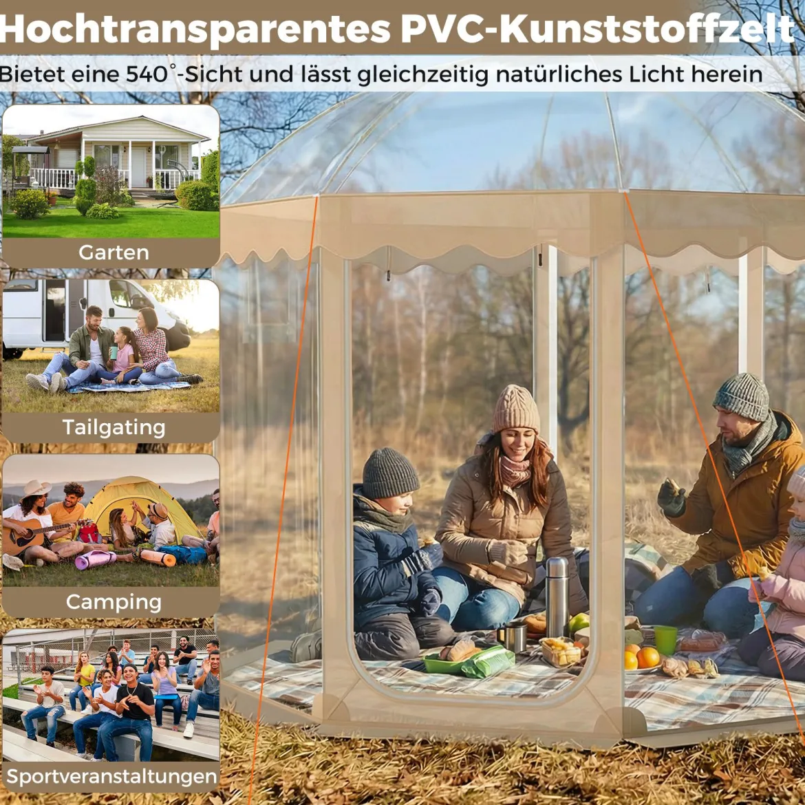 Transparentes Pop up Zelt für 8-10 Personen mit 540°Blick & Tragetasche Wetterfestes Wurfzelt