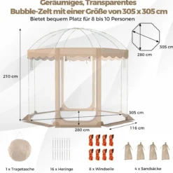 Transparentes Pop up Zelt für 8-10 Personen mit 540°Blick & Tragetasche Wetterfestes Wurfzelt