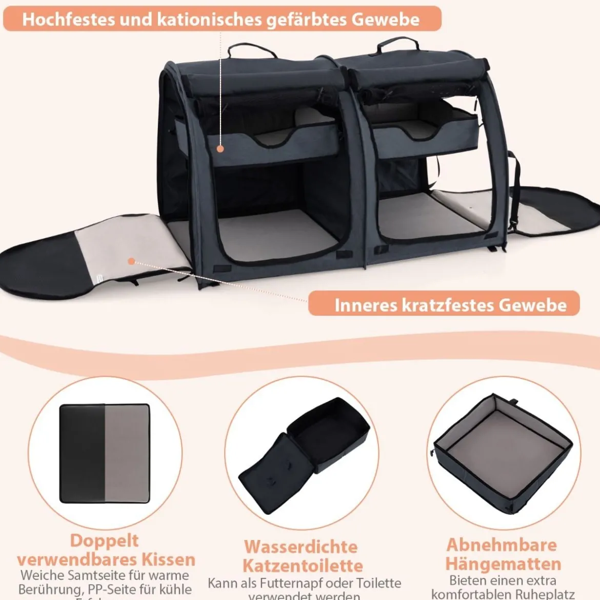 Transporttasche mit Abnehmbaren Hängematten & Matratze & Katzentoilette Schwarz