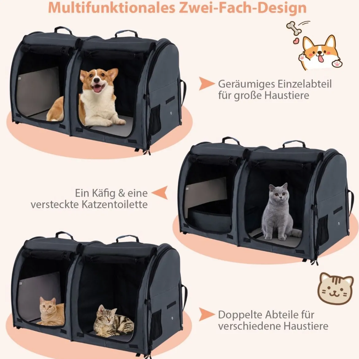 Transporttasche mit Abnehmbaren Hängematten & Matratze & Katzentoilette Schwarz
