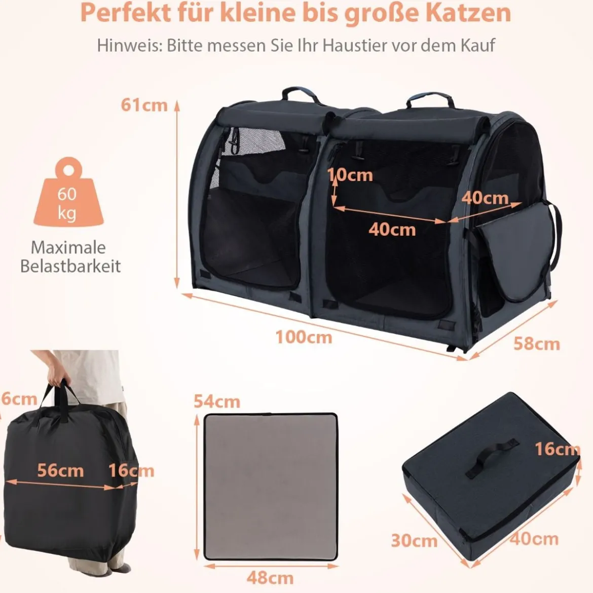 Transporttasche mit Abnehmbaren Hängematten & Matratze & Katzentoilette Schwarz