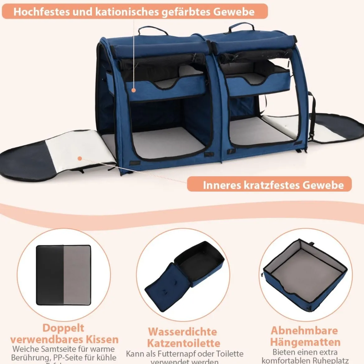 Transporttasche mit Abnehmbaren Hängematten & Matratze & Katzentoilette Marineblau