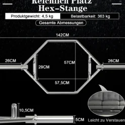 Trap Bar mit 2 Federverschlüsse & Klappbarem Griff Hantelstange Hex Bar Olympic Bar Silber