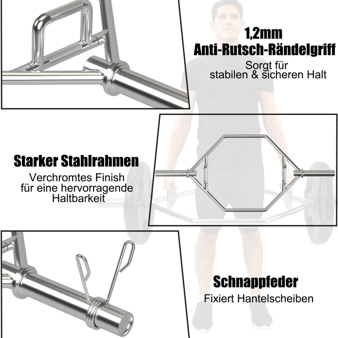 Trap Bar mit 2 Federverschlüsse & Klappbarem Griff Hantelstange Hex Bar Olympic Bar Silber