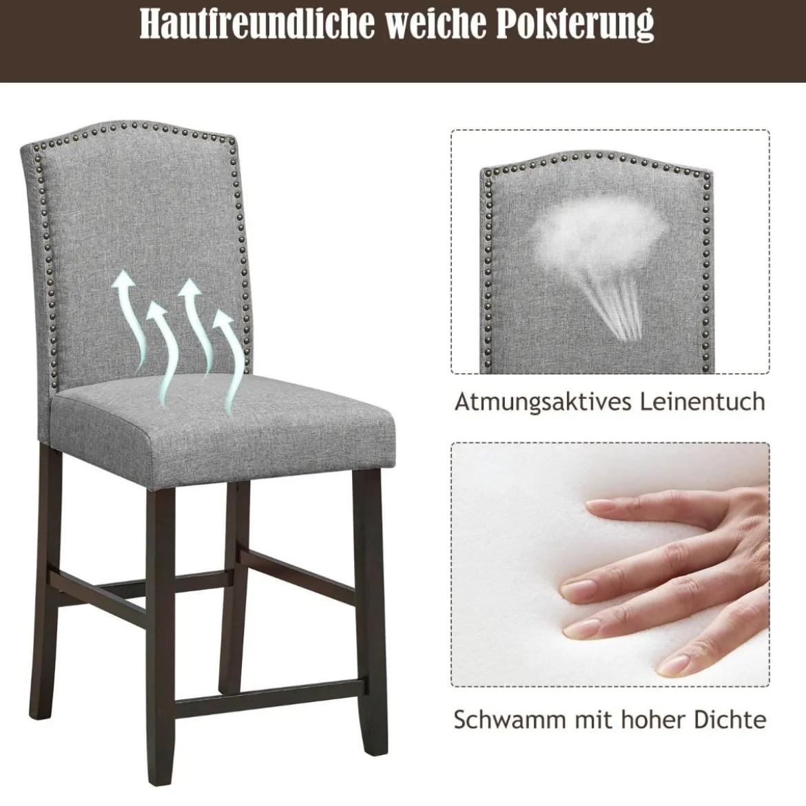 2 Tresenhocker Esszimmer-Barhocker mit Polsterung Beine aus Kautschukholz hohe Freizeitstühle Grau