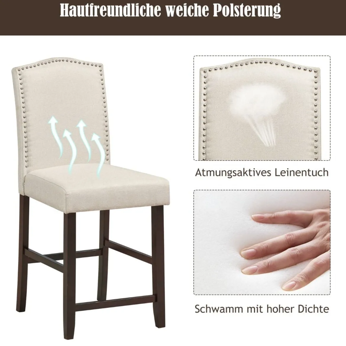 2 Tresenhocker Esszimmer-Barhocker mit Polsterung Beine aus Kautschukholz hohe Freizeitstühle Beige
