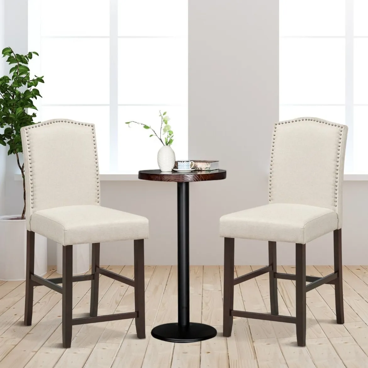 2 Tresenhocker Esszimmer-Barhocker mit Polsterung Beine aus Kautschukholz hohe Freizeitstühle Beige