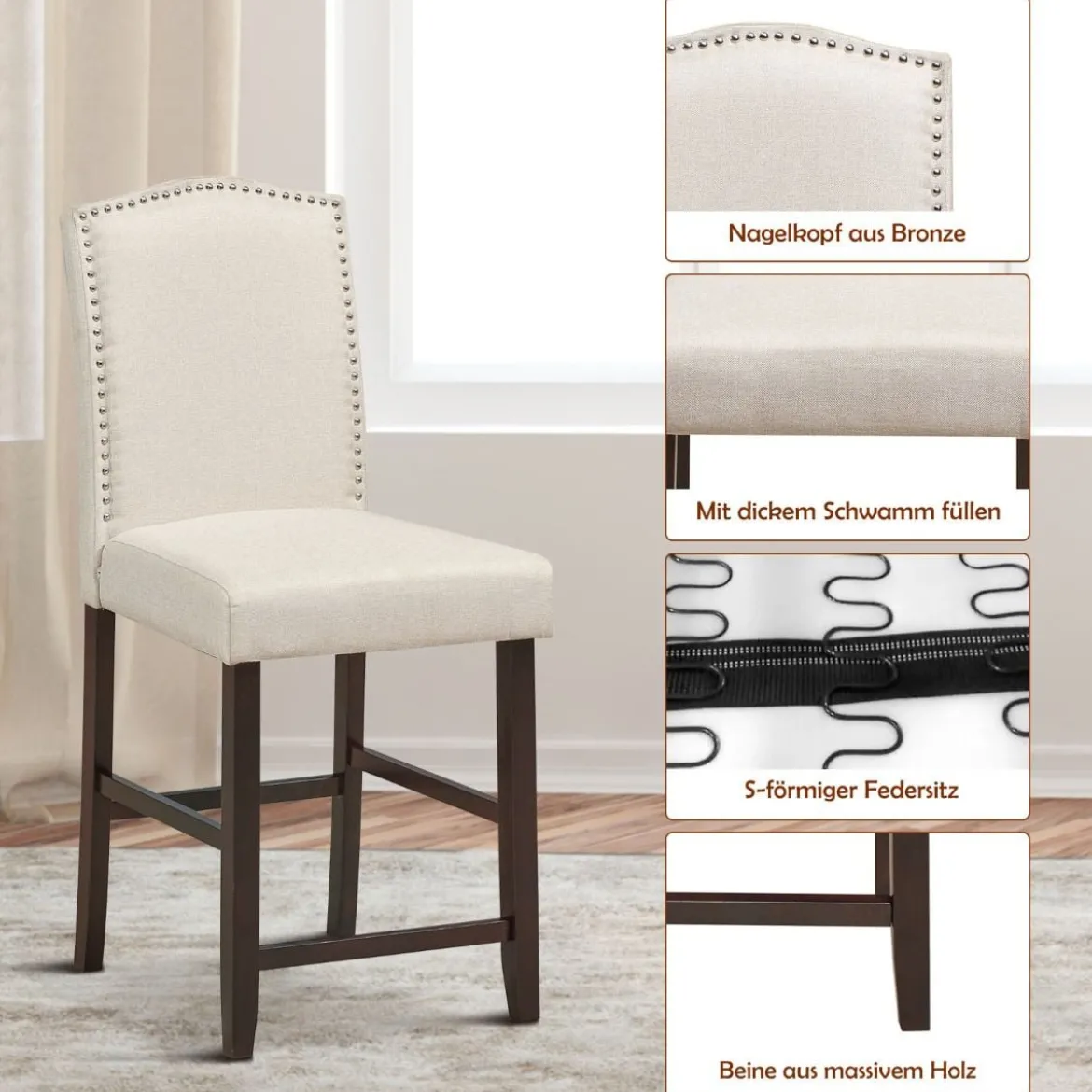 2 Tresenhocker Esszimmer-Barhocker mit Polsterung Beine aus Kautschukholz hohe Freizeitstühle Beige
