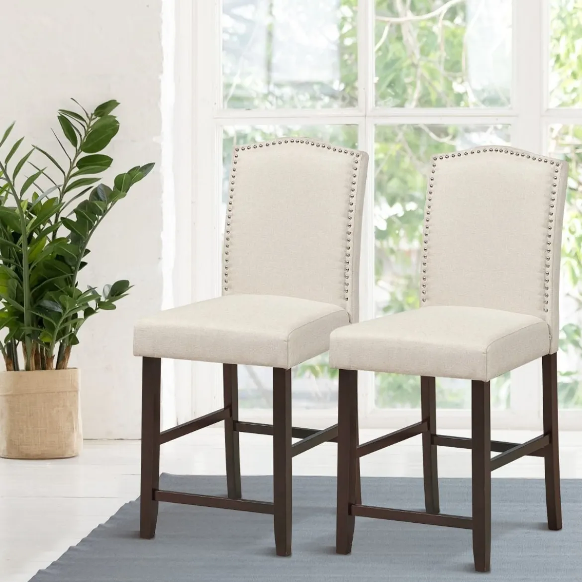 2 Tresenhocker Esszimmer-Barhocker mit Polsterung Beine aus Kautschukholz hohe Freizeitstühle Beige