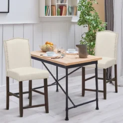 2 Tresenhocker Esszimmer-Barhocker mit Polsterung Beine aus Kautschukholz hohe Freizeitstühle Beige