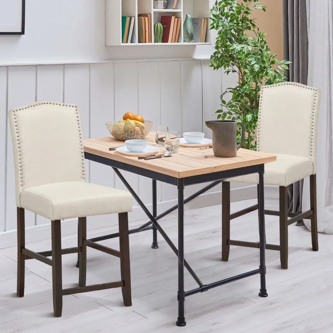 2 Tresenhocker Esszimmer-Barhocker mit Polsterung Beine aus Kautschukholz hohe Freizeitstühle Beige