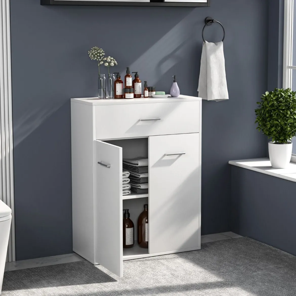 2-türiger Badschrank aus Holz mit Großer Schublade & Verstellbarem Regal Weiß
