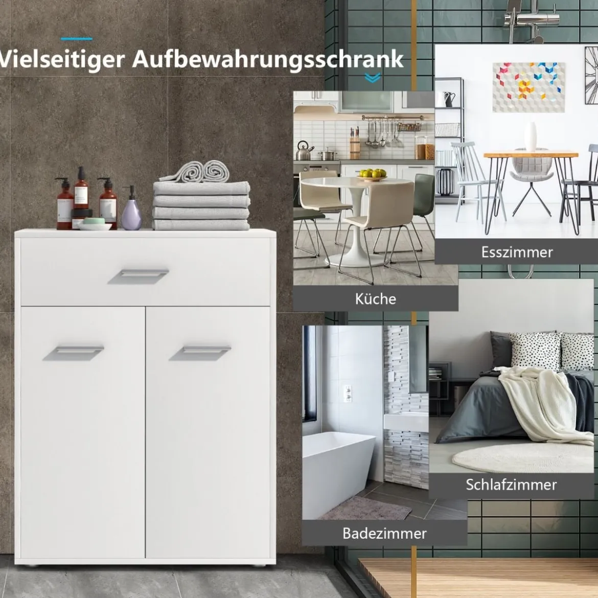2-türiger Badschrank aus Holz mit Großer Schublade & Verstellbarem Regal Weiß