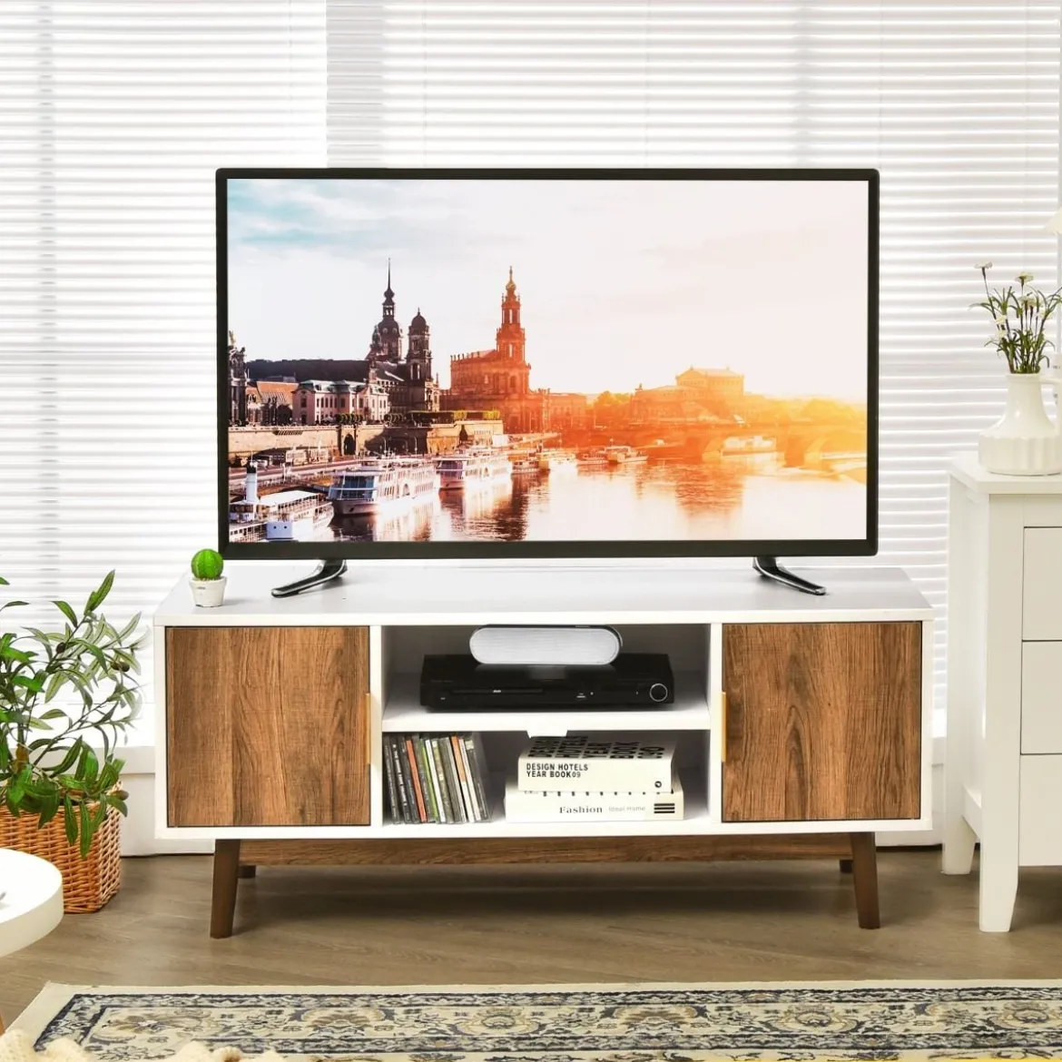 2-türiger TV-Ständer für Flachbildfernseher bis zu 50" Kommode mit offenem Regal
