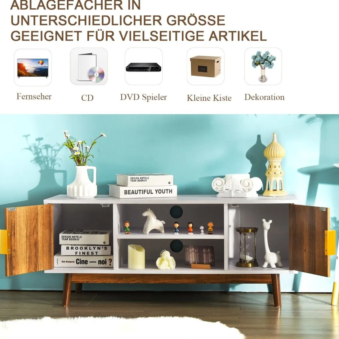 2-türiger TV-Ständer für Flachbildfernseher bis zu 50" Kommode mit offenem Regal