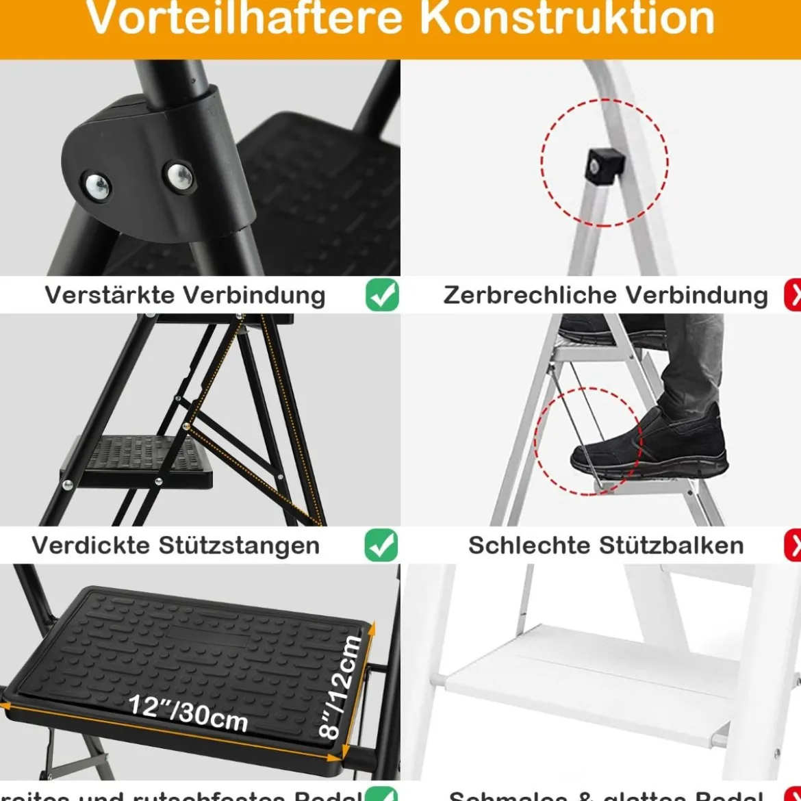 Trittleiter mit 3 Stufen klappbare Kletterhilfe mit Rutschfesten Stufen 64 x 39 x 90 cm Schwarz