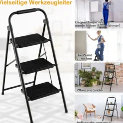 Trittleiter mit 3 Stufen klappbare Kletterhilfe mit Rutschfesten Stufen 64 x 39 x 90 cm Schwarz