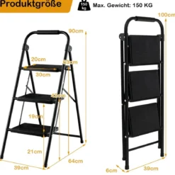 Trittleiter mit 3 Stufen klappbare Kletterhilfe mit Rutschfesten Stufen 64 x 39 x 90 cm Schwarz