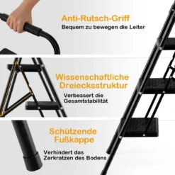 Trittleiter mit 3 Stufen klappbare Kletterhilfe mit Rutschfesten Stufen 64 x 39 x 90 cm Schwarz