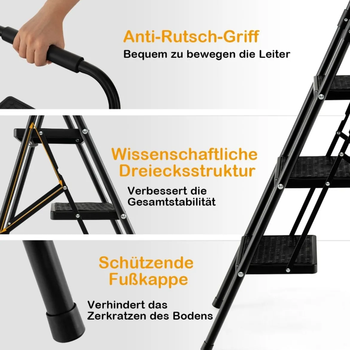 Trittleiter mit 3 Stufen klappbare Kletterhilfe mit Rutschfesten Stufen 64 x 39 x 90 cm Schwarz