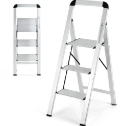 Trittleiter mit 3 Stufen Klappbarer Tritthocker aus Aluminium mit Rutschfesten Stufen 62 x 44 x 109 cm Silber