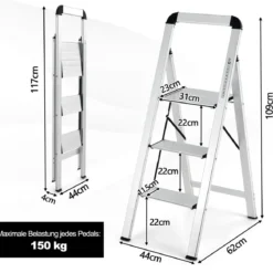 Trittleiter mit 3 Stufen Klappbarer Tritthocker aus Aluminium mit Rutschfesten Stufen 62 x 44 x 109 cm Silber