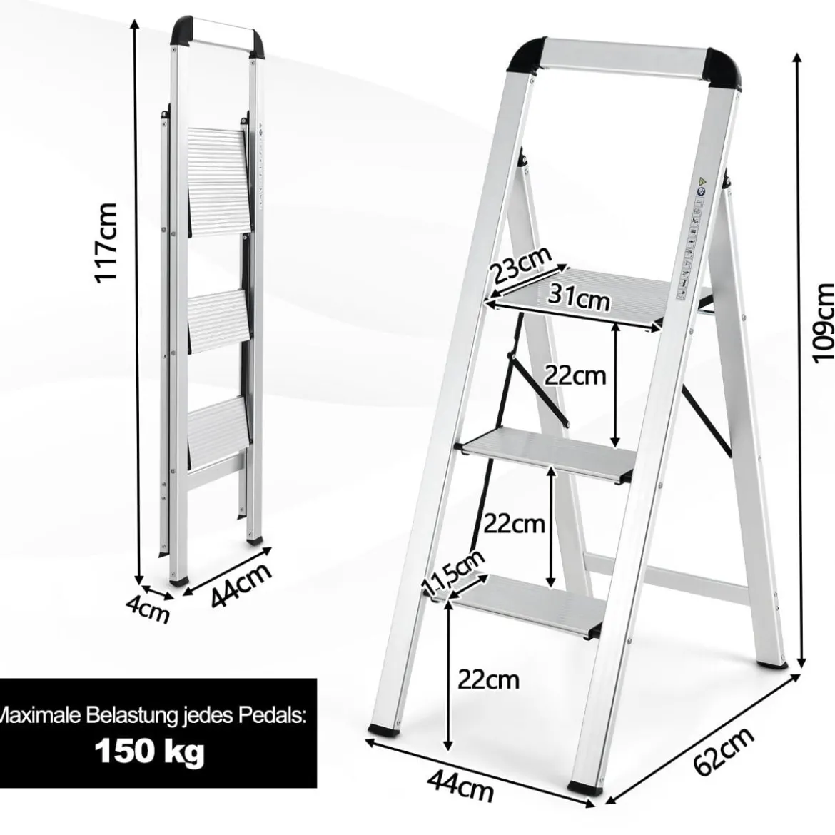 Trittleiter mit 3 Stufen Klappbarer Tritthocker aus Aluminium mit Rutschfesten Stufen 62 x 44 x 109 cm Silber