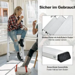 Trittleiter mit 3 Stufen Klappbarer Tritthocker aus Aluminium mit Rutschfesten Stufen 62 x 44 x 109 cm Silber