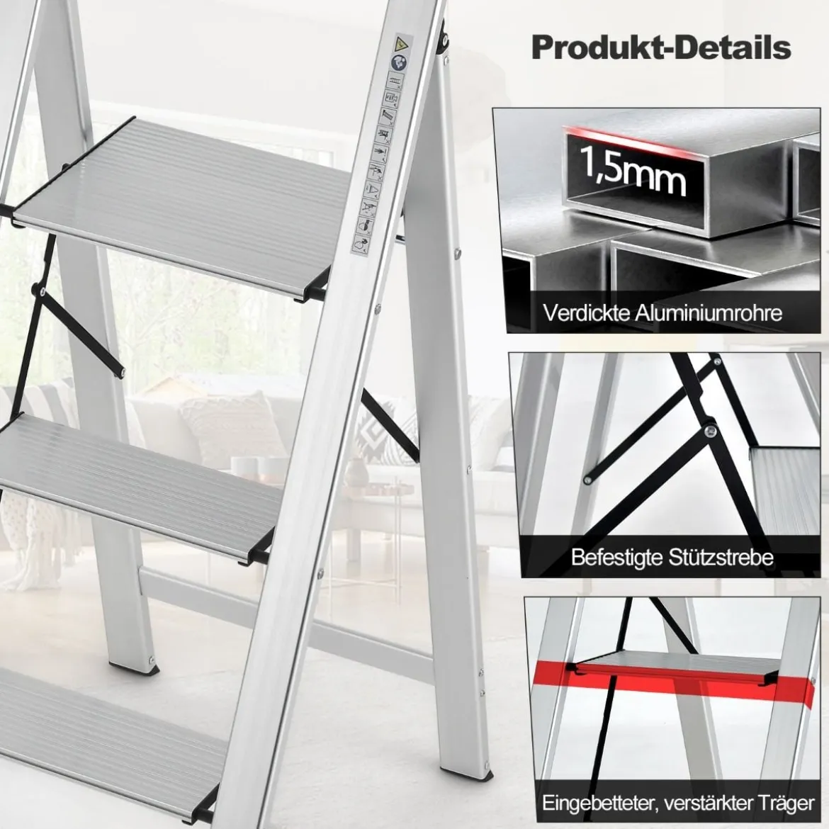Trittleiter mit 3 Stufen Klappbarer Tritthocker aus Aluminium mit Rutschfesten Stufen 62 x 44 x 109 cm Silber