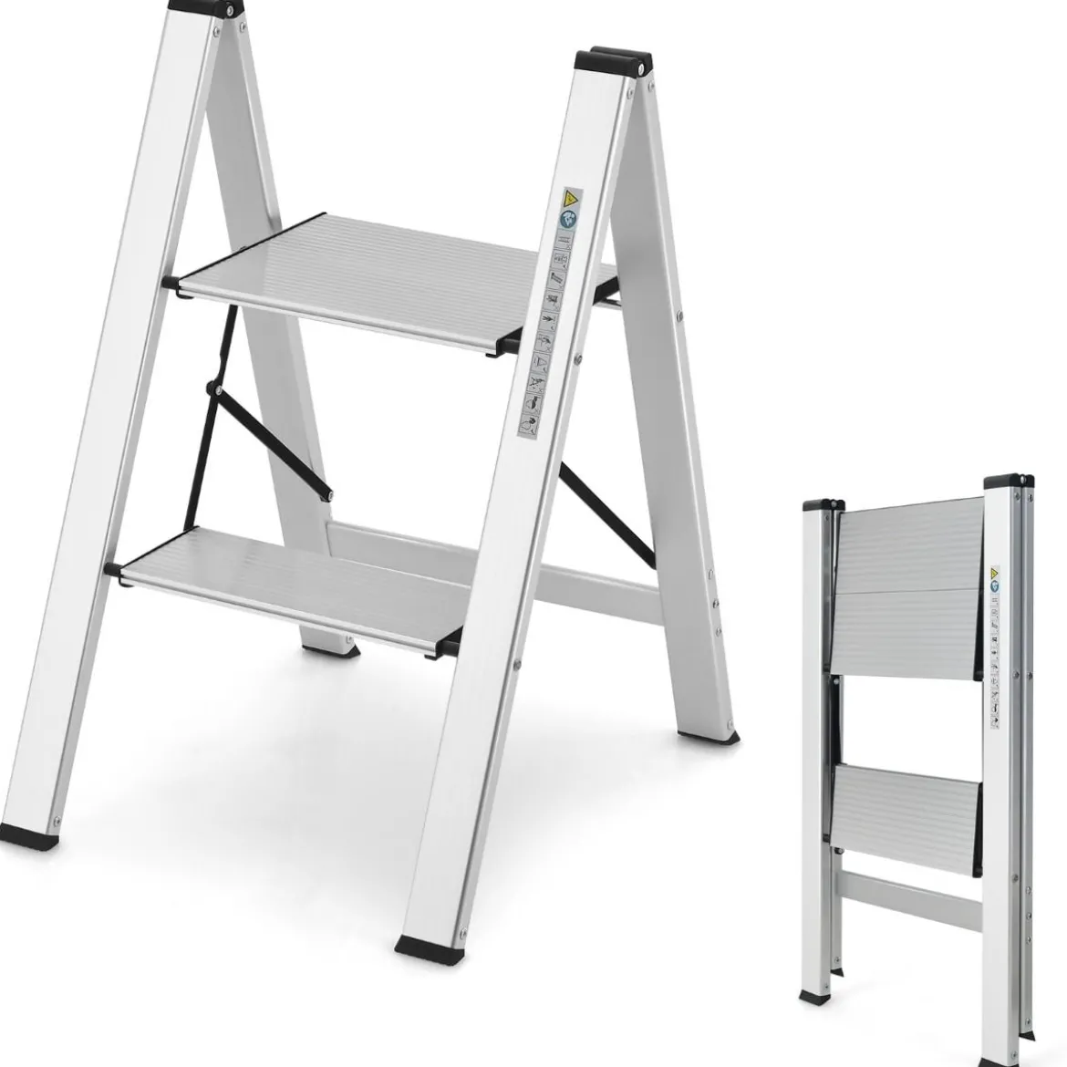 Trittleiter 2 Stufen Stehleiter Aluminium Klappleiter bis 150 kg Silber