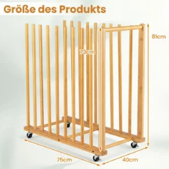 Trocken-Malregal aus Bambus mit 9 Schlitzen Griff & Rollen in Natürlicher Optik 75 x 40 x 81 cm