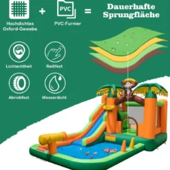 Tropischer 7-in-1-Wasserpark mit Rutsche & Basketballkorb & Wasserpistole mit 680-W Gebläse