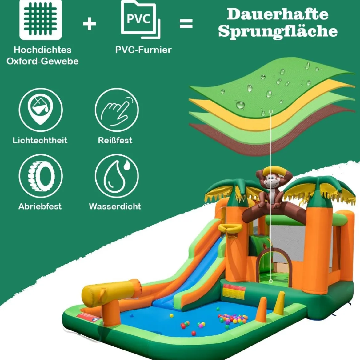 Tropischer 7-in-1-Wasserpark mit Rutsche & Basketballkorb & Wasserpistole mit 680-W Gebläse